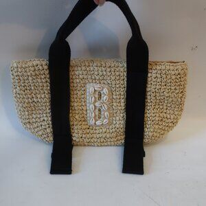 Womens Stoney Clover Lane Natural Straw Black Embellished Seashell 'B' Handbag